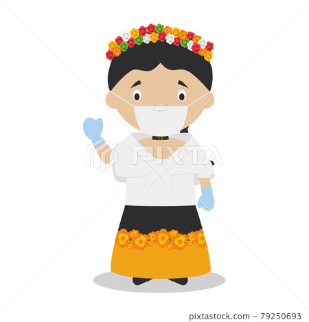 Character from Philippines dressed in the traditional way and with surgical mask and latex gloves as protection against a health emergency Character from Philippines dressed in the traditional way and with surgical mask and latex gloves as protection against a health emergency 79250693