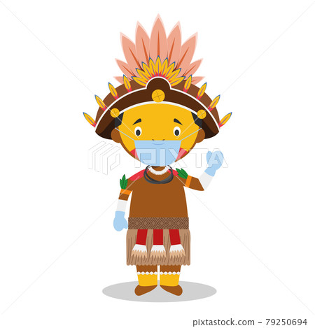 Character from Papua New Guinea (Dani Tribe) dressed in the traditional way and with surgical mask and latex gloves as protection against a health emergency Character from Papua New Guinea (Dani Tribe) dressed in the traditional way and with surgical mask and latex gloves as protection against a health emergency 79250694