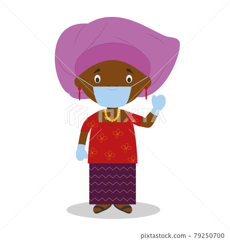 Character from Nigeria dressed in the traditional way with a gele and with surgical mask and latex gloves as protection against a health emergency 79250700