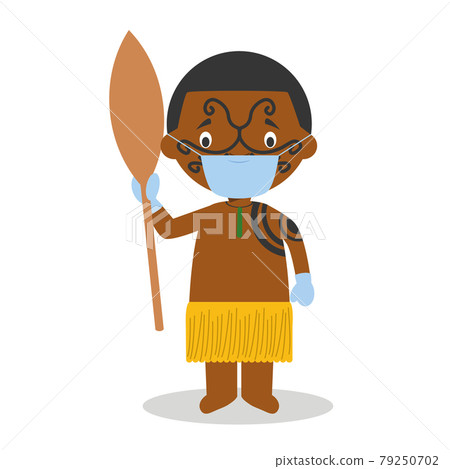 Character from New Zealand dressed in the traditional way of the Maori tribe and with surgical mask and latex gloves as protection against a health emergency Character from New Zealand dressed in the traditional way of the Maori tribe and with surgical mask and latex gloves as protection against a health emergency 79250702