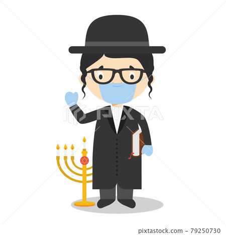 Jewish Rabbi cartoon character from Israel dressed in the traditional way and with surgical mask and latex gloves as protection against a health emergency Jewish Rabbi cartoon character from Israel dressed in the traditional way and with surgical mask and latex gloves as protection against a health emergency 79250730