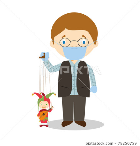 Puppeteer with typical puppet in Czech Republic and with surgical mask and latex gloves as protection against a health emergency 79250759