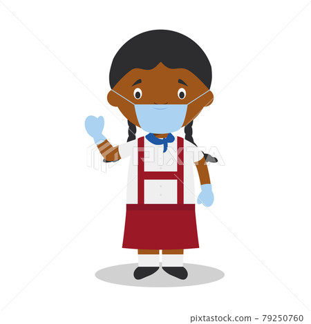 Character from Cuba dressed in the traditional way and with surgical mask and latex gloves as protection against a health emergency 79250760