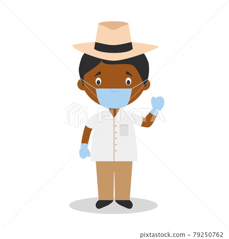 Character from Cuba dressed in the traditional way with a Panama hat and with surgical mask and latex gloves as protection against a health emergency 79250762