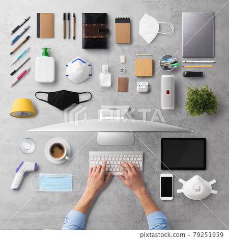 Flat lay top view desk working space with laptop, home office and coronavirus concept. 79251959