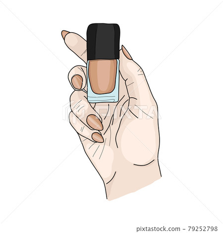Hand drawn colorful hand with nude long stiletto shape nails holding nail polish bottle Hand drawn colorful hand with nude long stiletto shape nails holding nail polish bottle 79252798