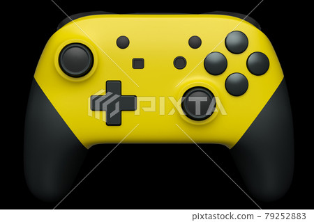 Realistic yellow joystick for video game controller on black background 79252883