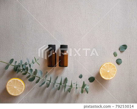 Lemon and orange citrus and eucalyptus leaves. Relaxing aroma scent. 79253014