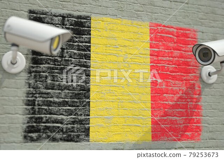 Surveillance cameras and wall with flag of Belgium. Modern security related 3D rendering 79253673