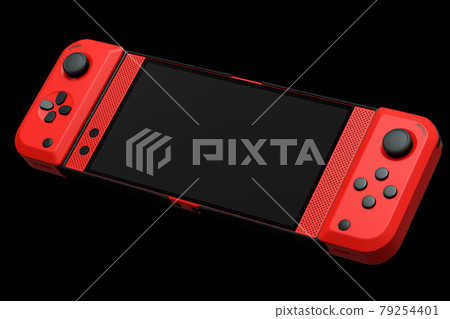 Realistic video game controllers attached to mobile phone on black background 79254401