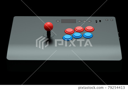Vintage arcade stick with joystick and tournament-grade buttons on black 79254413
