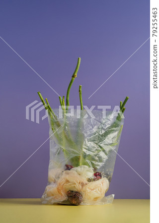 Closeup of various flowers wrapped in plastic with water drops Closeup of various flowers wrapped in plastic with water drops 79255463