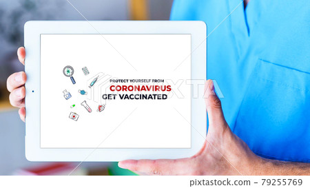 Tablet with visual information about the global virus and recommendations on how to prevent it Tablet with visual information about the global virus and recommendations on how to prevent it 79255769