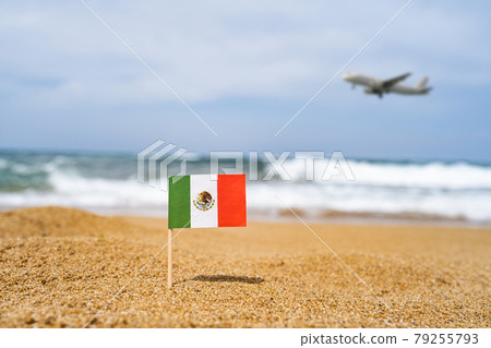 Flag of Mexico in the form of a toothpick in the sand of beach opposite sea wave with landing airplane. Travel concept Flag of Mexico in the form of a toothpick in the sand of beach opposite sea wave with landing airplane. Travel concept 79255793