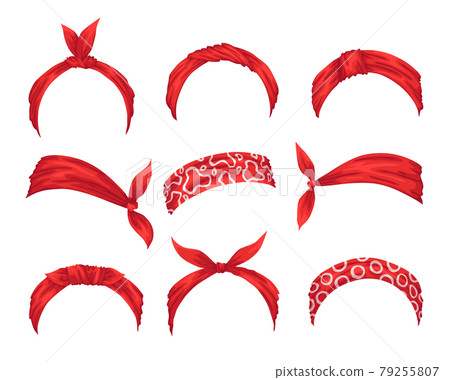 Collection of retro headbands for woman. Mockups of decorative hair knott. Red bandana windy hair dressing. Tied handkerchief for hairstyles Collection of retro headbands for woman. Mockups of decorative hair knott. Red bandana windy hair dressing. Tied handkerchief for hairstyles 79255807