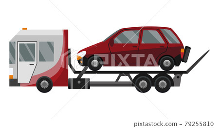 Tow truck. Flat faulty car loaded on a tow truck. Vehicle repair service which provides assistance damaged or salvaged cars 79255810
