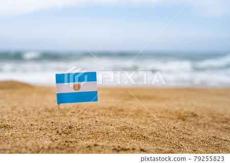 Flag of Argentina in the form of a toothpick in the sand of beach opposite sea wave. Travel concept Flag of Argentina in the form of a toothpick in the sand of beach opposite sea wave. Travel concept 79255823