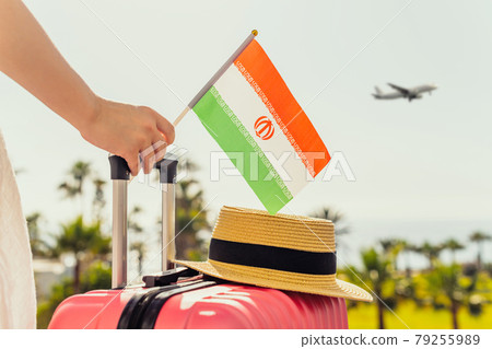 Woman with pink suitcase, hat and Iran flag standing on passengers ladder and getting out of airplane opposite sea coastline with palm trees. 79255989