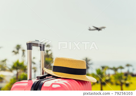 Woman with pink suitcase and beach hat standing on passengers ladder and getting out of airplane opposite sea coastline with palm trees. Tourism concept 79256103
