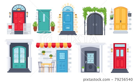 House front entrance. Building door architecture with arches, columns, flower pots, lamp, doorstep and mat. Facade wall exterior vector set 79256540
