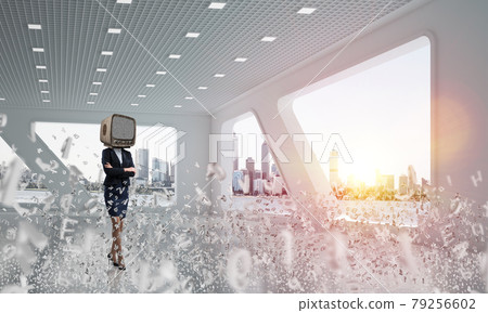 Business woman with an old TV instead of head. Business woman with an old TV instead of head. 79256602