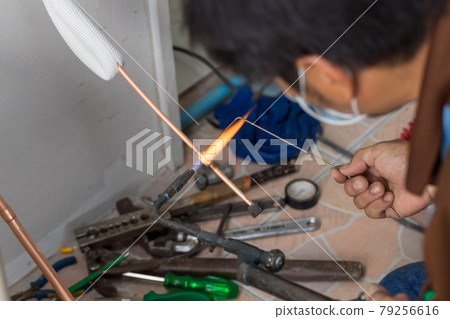 Welding of copper pipe of a methane gas pipeline 79256616