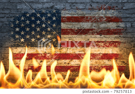American flag in fire flames 79257813