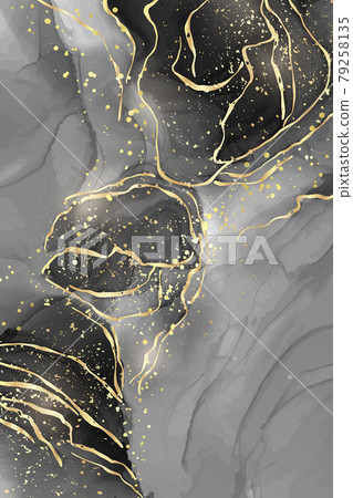 Abstract black liquid watercolor background with golden cracks. Dark marble alcohol ink drawing effect. Vector illustration design template for wedding invitation Abstract black liquid watercolor background with golden cracks. Dark marble alcohol ink drawing effect. Vector illustration design template for wedding invitation 79258135