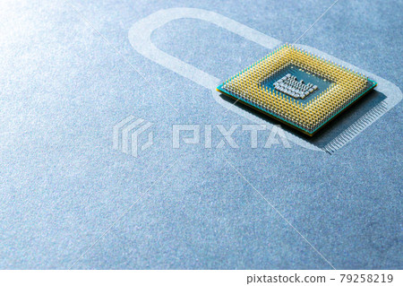 Internet security. Digital computer processor, network motherboard chip on dark technology background. Internet business and networking concept. 79258219