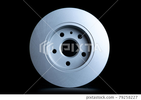 Auto equipment. Auto motor mechanic spare or automotive piece on black background. New metal car part. Repair and vehicle service with space for text. 79258227