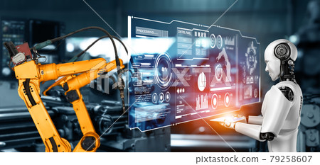 Mechanized industry robot and robotic arms for assembly in factory production . 79258607