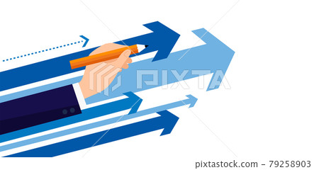 Illustration of a man in a suit holding a pencil and a growing arrow, vector illustration 79258903
