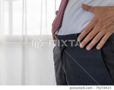 A man who is obese and hungry. A man who eats too much and is full. My stomach doesn't close the buttons on my pants. 79259423