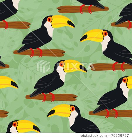 Seamless pattern with cute cartoon toucan bird on branch. Vector illustration for wallpaper, fabric, textile. Summer exotic print. Tropical toucan with floral monstera leaves Seamless pattern with cute cartoon toucan bird on branch. Vector illustration for wallpaper, fabric, textile. Summer exotic print. Tropical toucan with floral monstera leaves 79259737