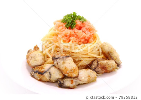 Oyster and cod roe pasta bright background Oyster and cod roe pasta bright background 79259812