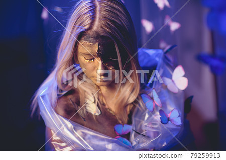 fashion beautiful young woman surrounded by butterflies. fashion beautiful young woman surrounded by butterflies. 79259913
