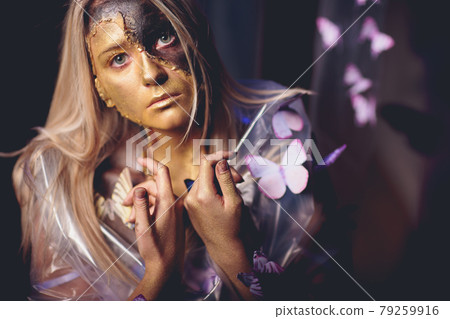 fashion beautiful young woman surrounded by butterflies. fashion beautiful young woman surrounded by butterflies. 79259916