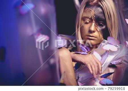fashion beautiful young woman surrounded by butterflies. fashion beautiful young woman surrounded by butterflies. 79259918