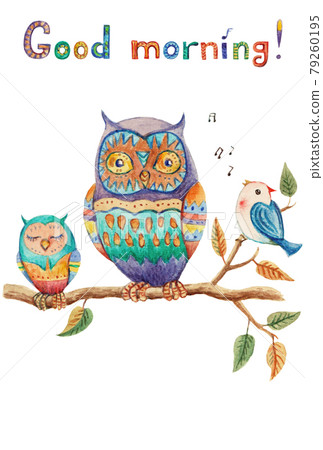 Good morning. Cute vintage watercolor greeting card with owls and little bird. 79260195