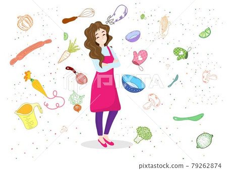 A young woman devise a menu with objects and cooking utensils in the background. Flat style cartoon illustration vector A young woman devise a menu with objects and cooking utensils in the background. Flat style cartoon illustration vector 79262874