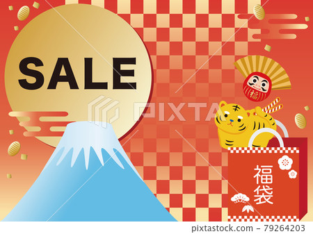 New Year's New Year sale lucky bag tiger tiger year tiger clay bell Mt. Fuji cute Japanese pattern frame background copy space 79264203