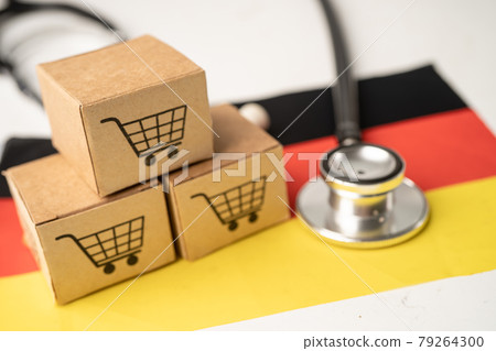 Shopping cart logo with Germany flag, Shopping online Import Export eCommerce finance business concept. Shopping cart logo with Germany flag, Shopping online Import Export eCommerce finance business concept. 79264300