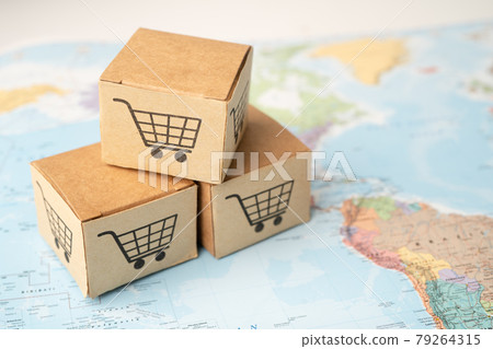 Shopping cart logo on box on world globe map background. Banking Account, Investment Analytic research data economy, trading, Business import export transportation online company concept. 79264315