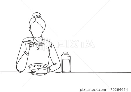 Single one line drawing young woman having cereal meal with milk and spoon. Enjoy breakfast at home. Delicious and healthy food concept. Modern continuous line draw design graphic vector illustration Single one line drawing young woman having cereal meal with milk and spoon. Enjoy breakfast at home. Delicious and healthy food concept. Modern continuous line draw design graphic vector illustration 79264654