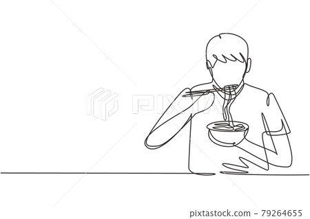 Single continuous line drawing young man having noodles meal with chopsticks around table. Enjoy lunch when hungry. Delicious and healthy food. Dynamic one line draw graphic design vector illustration 79264655