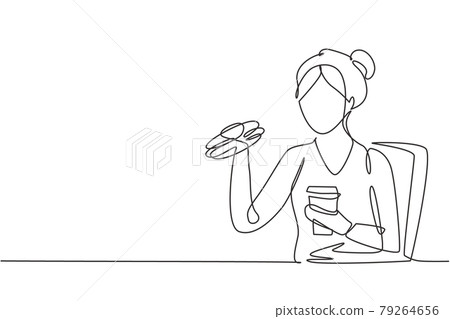 Continuous one line drawing young woman having hamburger meal and drink cup of cola with hand. Happy and enjoy lunch at restaurant. Delicious food. Single line draw design vector graphic illustration Continuous one line drawing young woman having hamburger meal and drink cup of cola with hand. Happy and enjoy lunch at restaurant. Delicious food. Single line draw design vector graphic illustration 79264656