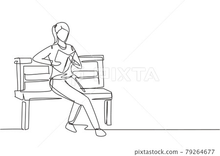 Single one line drawing young female reading, learning and sitting on park chair. Literature lovers. Smart student, education concept. Modern continuous line draw design graphic vector illustration Single one line drawing young female reading, learning and sitting on park chair. Literature lovers. Smart student, education concept. Modern continuous line draw design graphic vector illustration 79264677