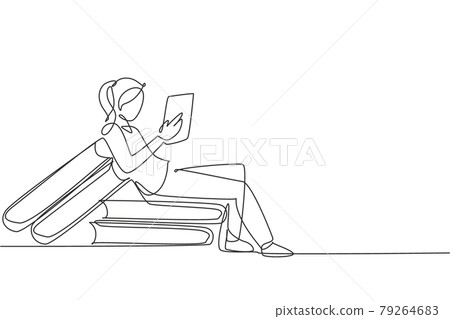 Continuous one line drawing young female with laptop sitting on open big  book. Freelance, distance learning, online courses, and studying concept.  Single line draw design vector graphic illustration 4482362 Vector Art at