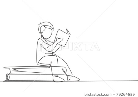 Single one line drawing little boy reading, learning and sitting on big books. Study in library. Intelligent student, education concept. Modern continuous line draw design graphic vector illustration Single one line drawing little boy reading, learning and sitting on big books. Study in library. Intelligent student, education concept. Modern continuous line draw design graphic vector illustration 79264689