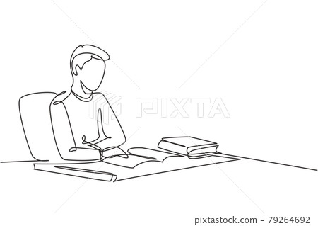 Single one line drawing young man reading, learning and sitting on chair around table. Study in library. Intelligent student, education concept. Continuous line draw design graphic vector illustration 79264692